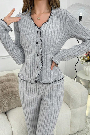 Bella Notte Gri Fırfırlı V Yaka Pamuklu Pijama Takımı 7091