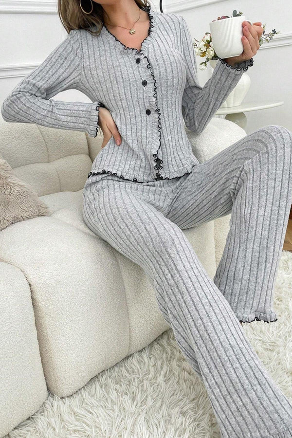 Bella Notte Gri Fırfırlı V Yaka Pamuklu Pijama Takımı 7091