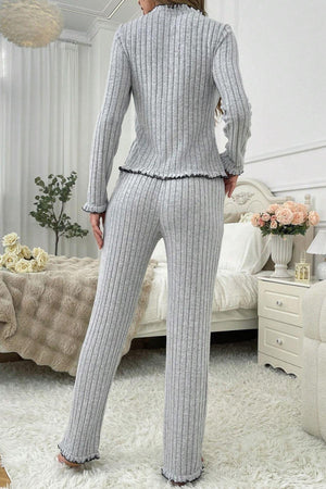 Bella Notte Gri Fırfırlı V Yaka Pamuklu Pijama Takımı 7091