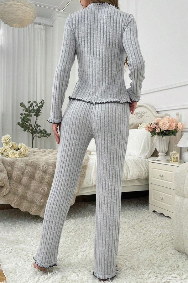 Bella Notte Gri Fırfırlı V Yaka Pamuklu Pijama Takımı 7091