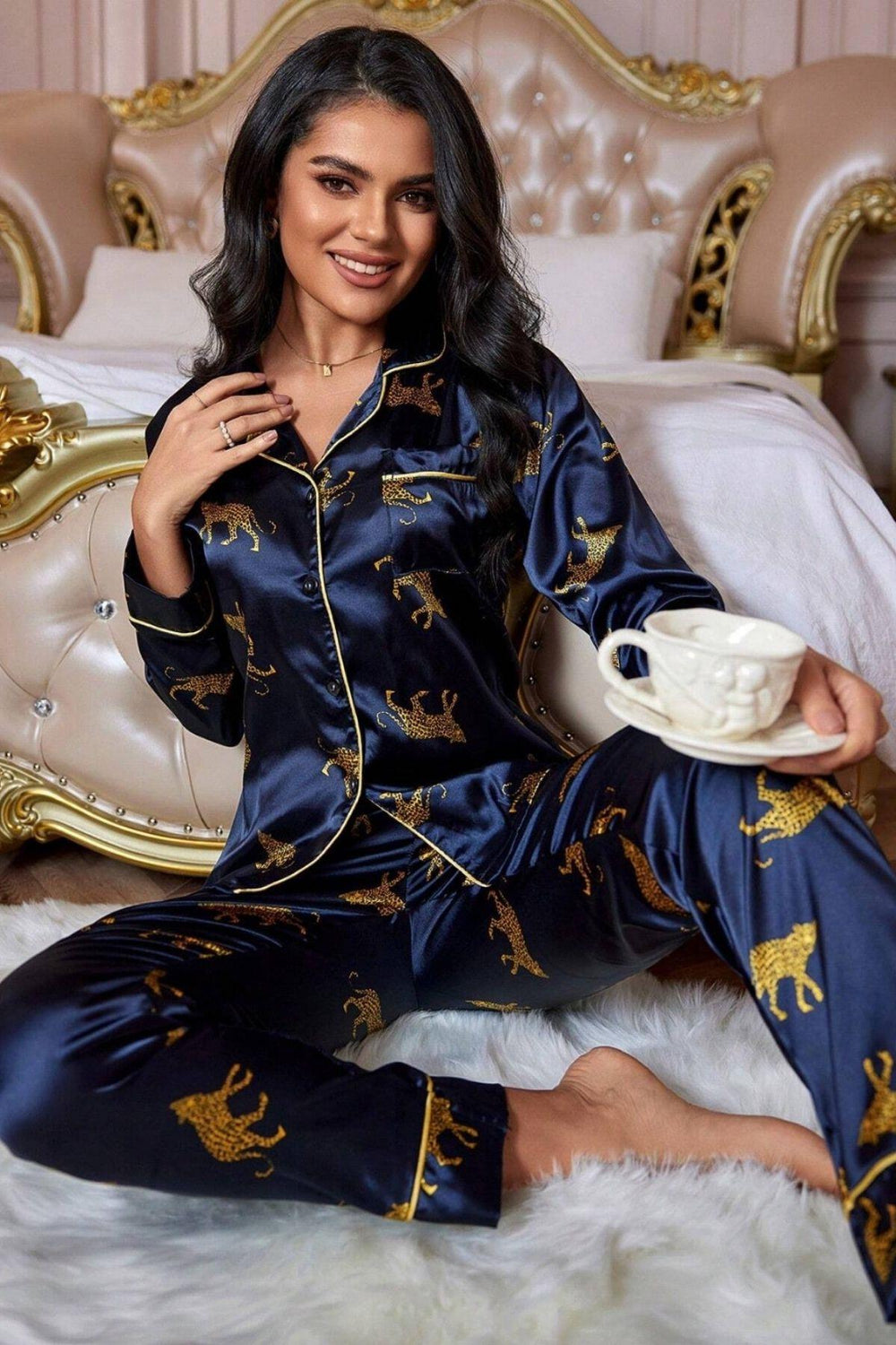 Trendusfashion Lacivert Leopar Figürlü Saten Pijama Takımı 7073