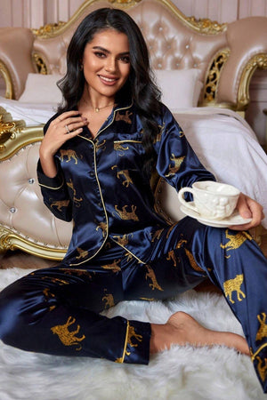 Trendusfashion Lacivert Leopar Figürlü Saten Pijama Takımı 7073