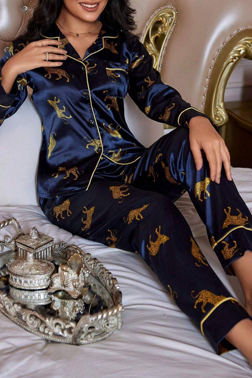Trendusfashion Lacivert Leopar Figürlü Saten Pijama Takımı 7073