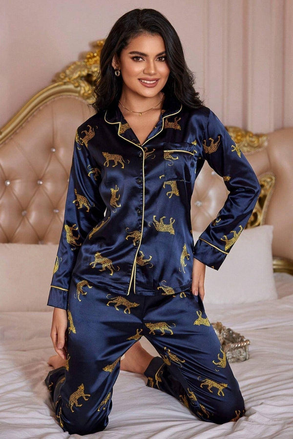 Trendusfashion Lacivert Leopar Figürlü Saten Pijama Takımı 7073