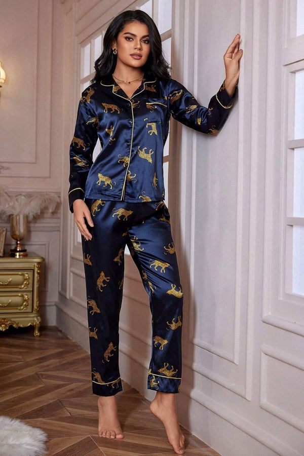 Trendusfashion Lacivert Leopar Figürlü Saten Pijama Takımı 7073