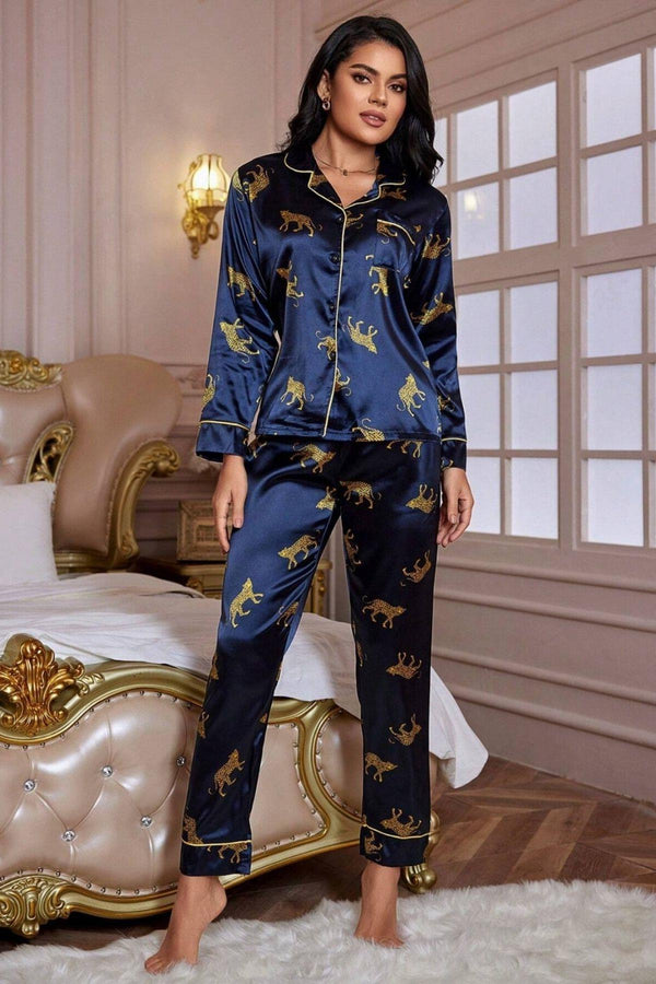 Trendusfashion Lacivert Leopar Figürlü Saten Pijama Takımı 7073