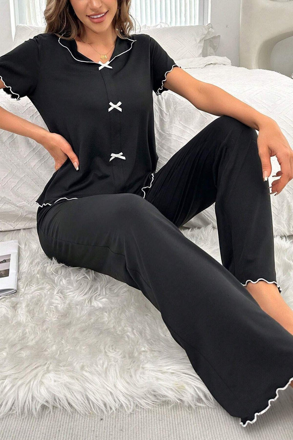 Bella Notte Gül Kurusu Fiyonk Detaylı Pamuklu Pijama Takımı 7307