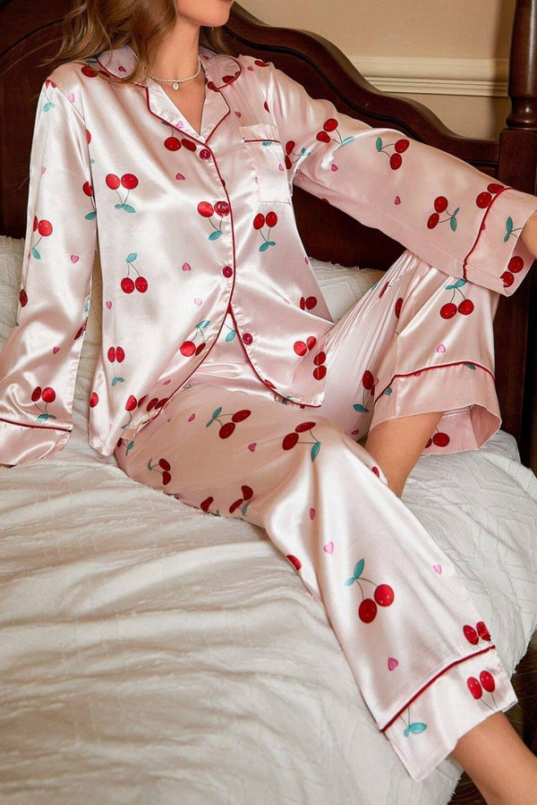 Trendusfashion Toz Pembe Kiraz Desenli Saten Pijama Takımı 7065