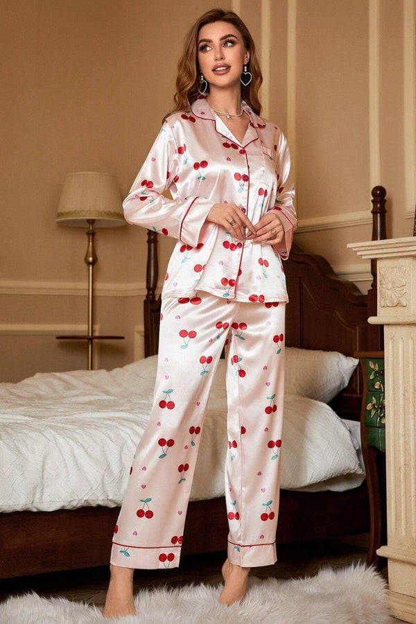 Trendusfashion Toz Pembe Kiraz Desenli Saten Pijama Takımı 7065