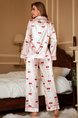 Trendusfashion Toz Pembe Kiraz Desenli Saten Pijama Takımı 7065