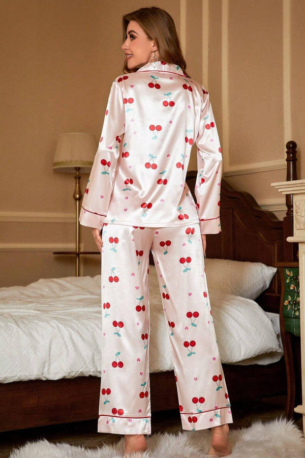Trendusfashion Toz Pembe Kiraz Desenli Saten Pijama Takımı 7065