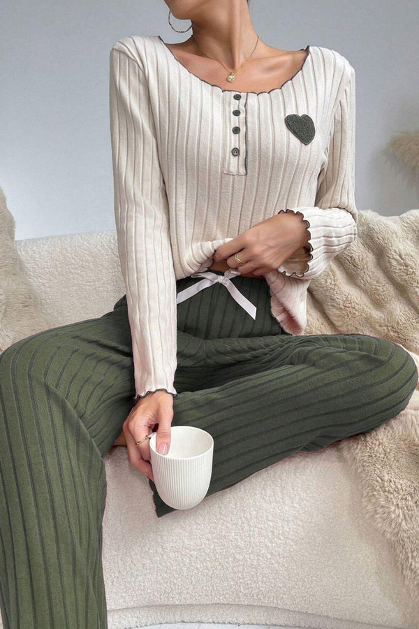 Trendusfashion Yeşil Pamuklu Kalp Detaylı Pijama Takımı 7089