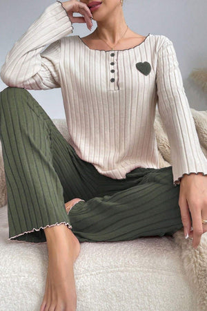 Trendusfashion Yeşil Pamuklu Kalp Detaylı Pijama Takımı 7089