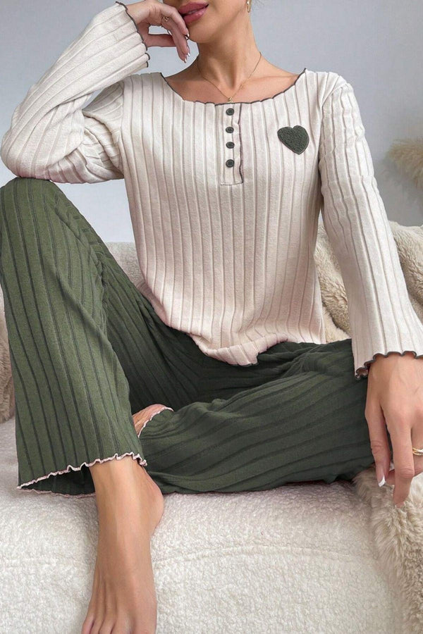 Trendusfashion Yeşil Pamuklu Kalp Detaylı Pijama Takımı 7089