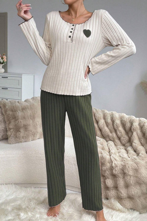 Trendusfashion Yeşil Pamuklu Kalp Detaylı Pijama Takımı 7089