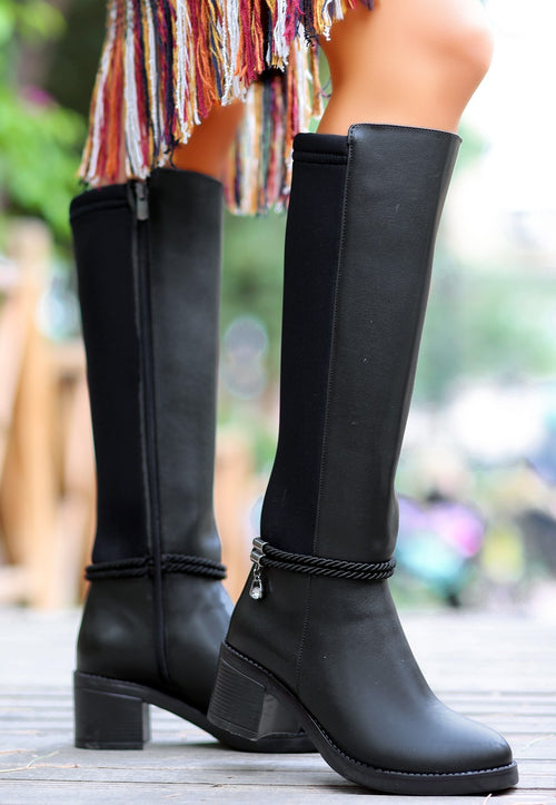 Trendusfashion Siyah Cilt Topuklu Çizme