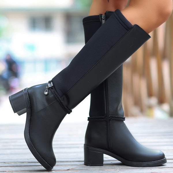 Trendusfashion Siyah Cilt Topuklu Çizme