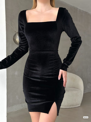 Trendusfashion Yeni Sezon Kadife Kumaş Kare Yaka Mini Elbise