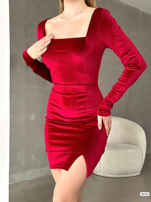 Trendusfashion Yeni Sezon Kadife Kumaş Kare Yaka Mini Elbise