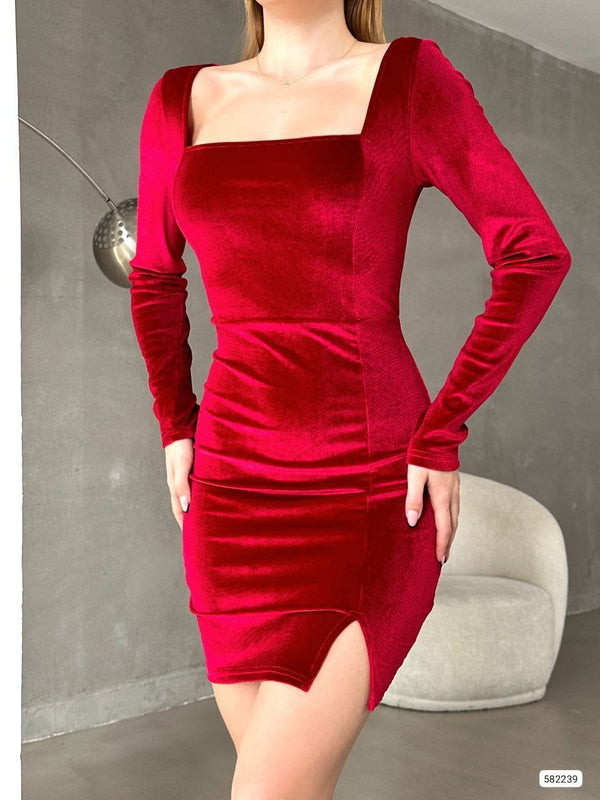 Trendusfashion Yeni Sezon Kadife Kumaş Kare Yaka Mini Elbise