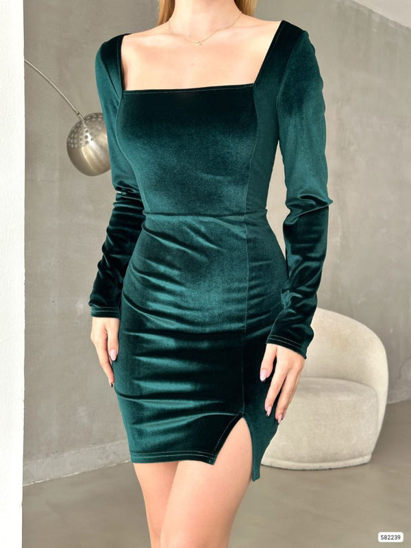 Trendusfashion Yeni Sezon Kadife Kumaş Kare Yaka Mini Elbise