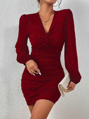 Trendusfashion Uzun Kollu V Yakalı Yanlardan Büzgülü Sandy Elbise