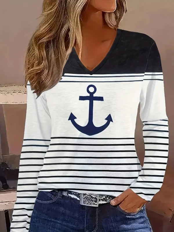 Trendusfashion Uzun Kollu V Yakalı çıpa Desenli şardonlu Dalgıç Bluz