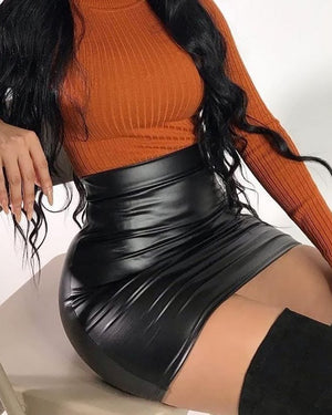 Trendusfashion Kadın Yüksel Bel Deri Mini Etek