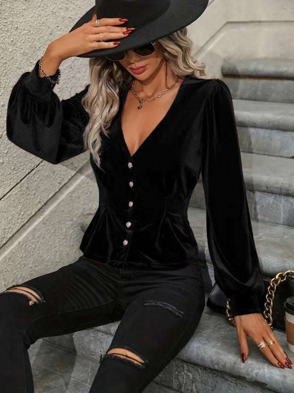 Trendusfashion Uzun Kollu V Yakalı önden Düğmeli Kısa Kadife Bluz