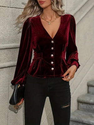 Trendusfashion Uzun Kollu V Yakalı önden Düğmeli Kısa Kadife Bluz