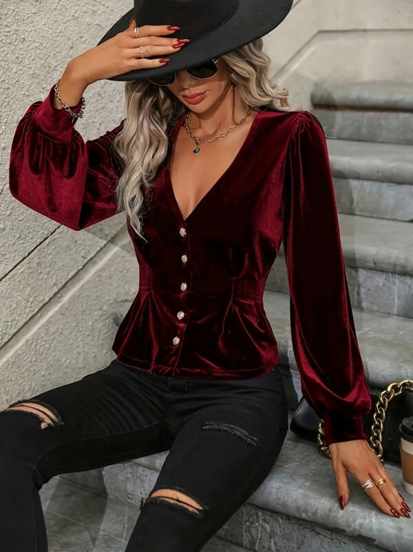 Trendusfashion Uzun Kollu V Yakalı önden Düğmeli Kısa Kadife Bluz