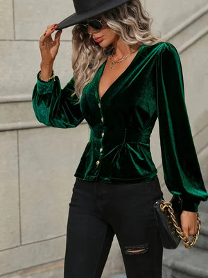 Trendusfashion Uzun Kollu V Yakalı önden Düğmeli Kısa Kadife Bluz