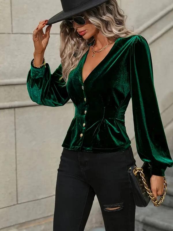 Trendusfashion Uzun Kollu V Yakalı önden Düğmeli Kısa Kadife Bluz