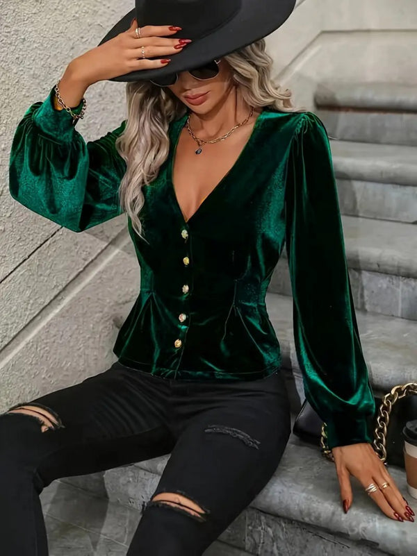 Trendusfashion Uzun Kollu V Yakalı önden Düğmeli Kısa Kadife Bluz