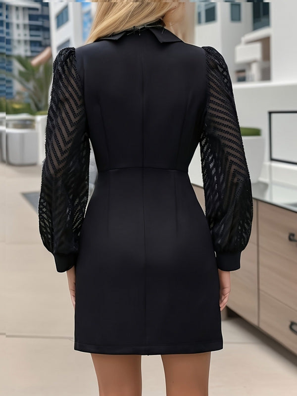 Trendusfashion Eteği Düğme Kolu Tül Detay Ithal Krep Ceket Yaka Mini Elbise