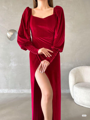 Trendusfashion Kadife Kumaş Yırtmaçlı Balon Kol Elbise