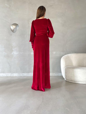 Trendusfashion Kadife Kumaş Yırtmaçlı Balon Kol Elbise