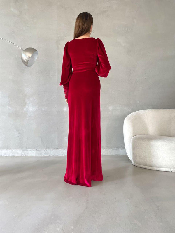Trendusfashion Kadife Kumaş Yırtmaçlı Balon Kol Elbise