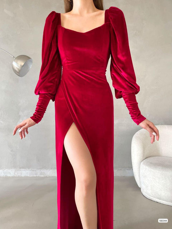 Trendusfashion Kadife Kumaş Yırtmaçlı Balon Kol Elbise