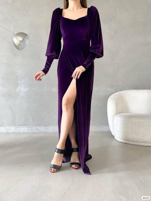 Trendusfashion Kadife Kumaş Yırtmaçlı Balon Kol Elbise