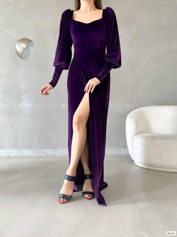Trendusfashion Kadife Kumaş Yırtmaçlı Balon Kol Elbise
