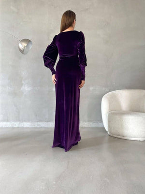 Trendusfashion Kadife Kumaş Yırtmaçlı Balon Kol Elbise