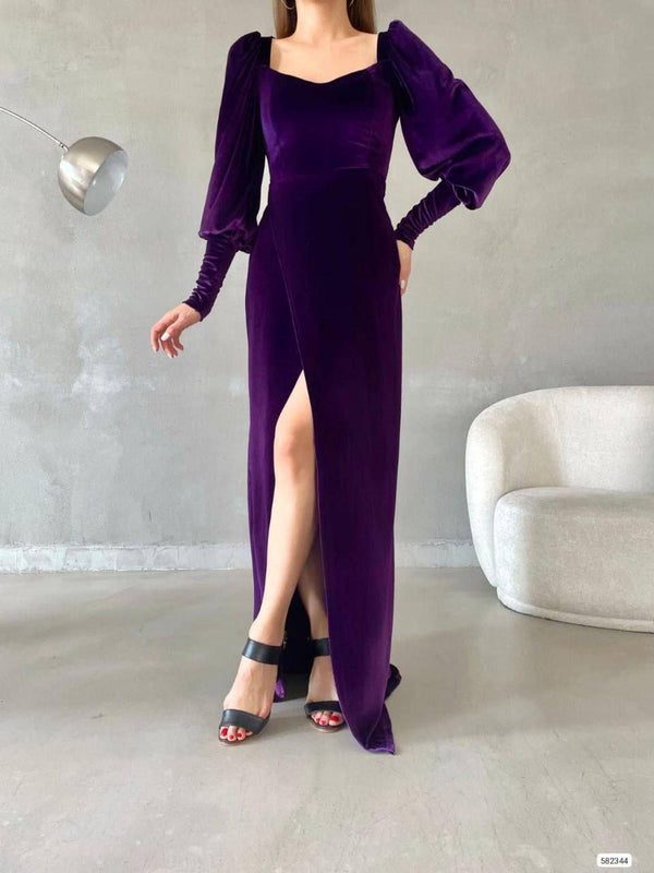 Trendusfashion Kadife Kumaş Yırtmaçlı Balon Kol Elbise