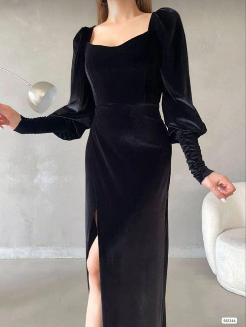Trendusfashion Kadife Kumaş Yırtmaçlı Balon Kol Elbise