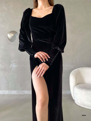Trendusfashion Kadife Kumaş Yırtmaçlı Balon Kol Elbise