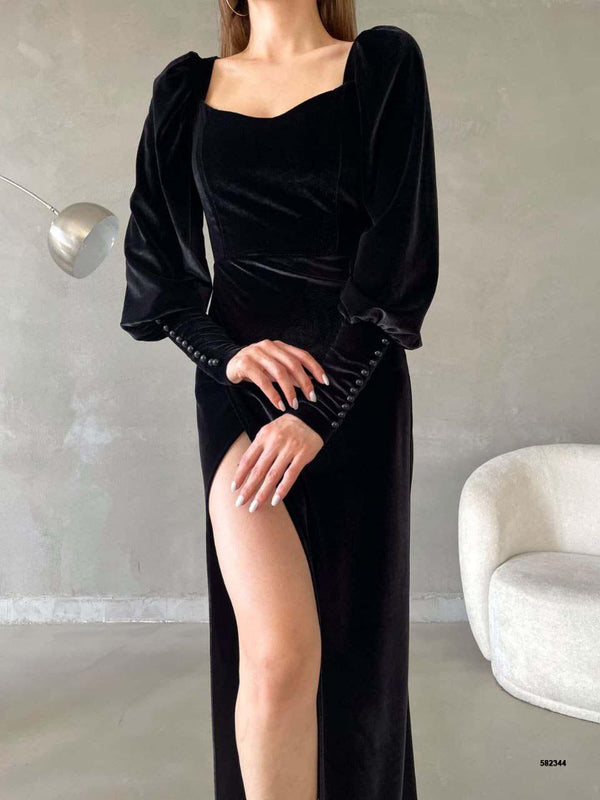 Trendusfashion Kadife Kumaş Yırtmaçlı Balon Kol Elbise