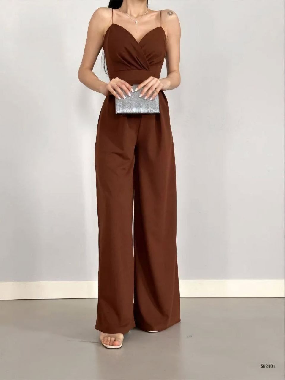 Trendusfashion Kadın Askılı Drapeli Geniş Paça Abiye Tulum