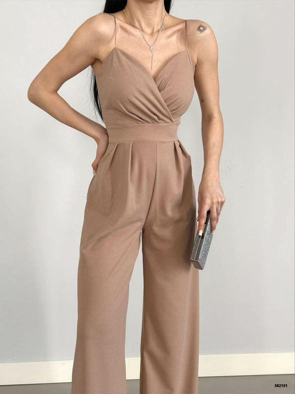 Trendusfashion Kadın Askılı Drapeli Geniş Paça Abiye Tulum