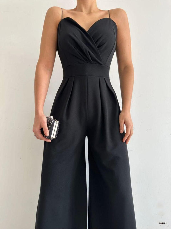 Trendusfashion Kadın Askılı Drapeli Geniş Paça Abiye Tulum