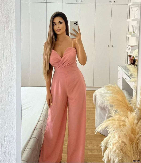 Trendusfashion Kadın Askılı Drapeli Geniş Paça Abiye Tulum